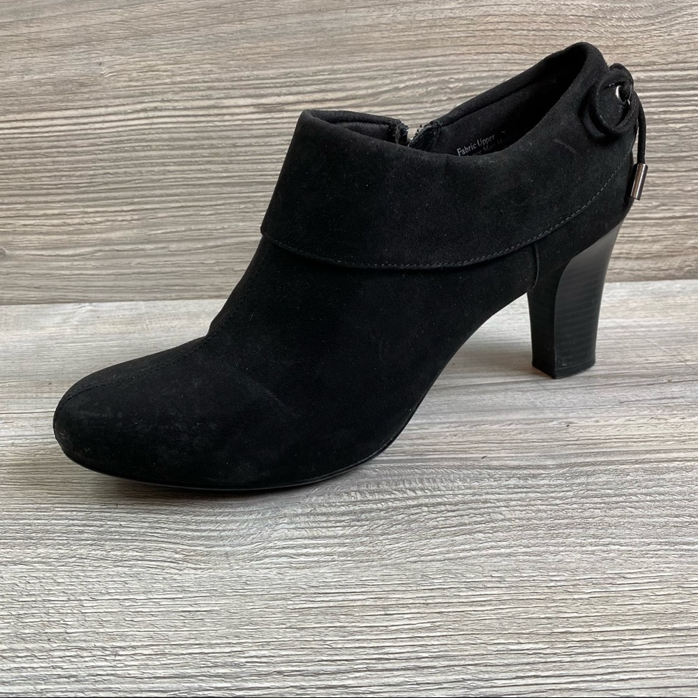 Black fabric suede booties inside zip bow on stacked heel Coach and four 8.5